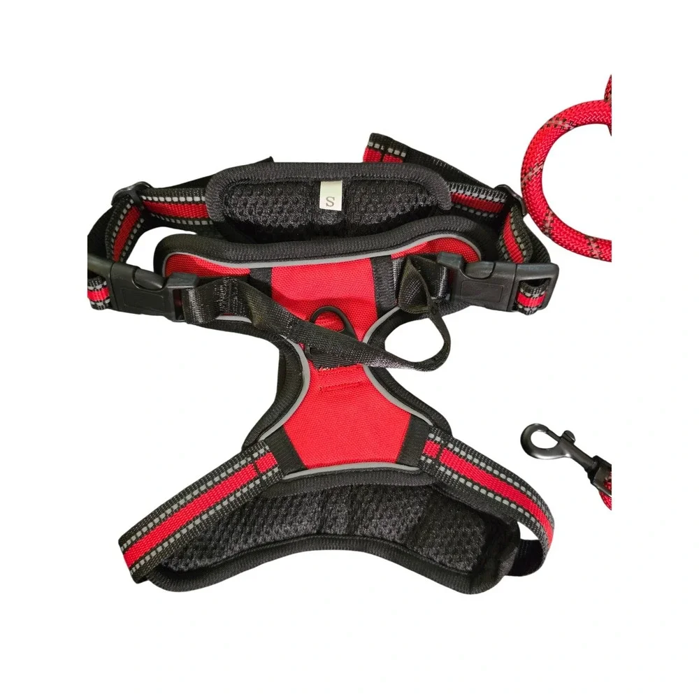 Red Reflective Dog Harness and Rope‎ Leash Set with Waste Bag Holder Size S